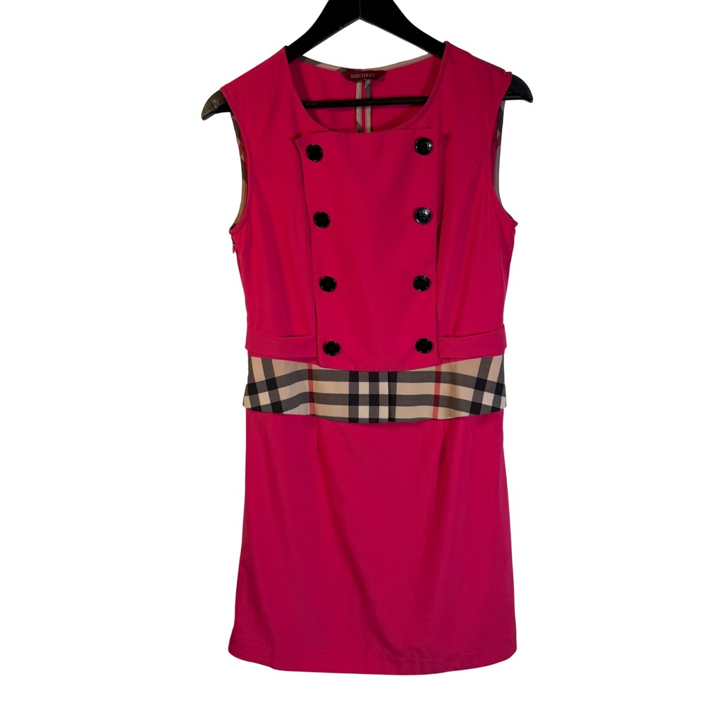 Biditirry Hot Pink Double Breasted Plaid Waist Sleeveless Sheath Dress Large
